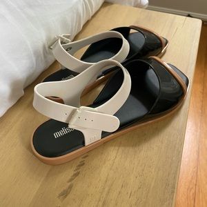 Melissa Black Sandals with White and Tan Accents